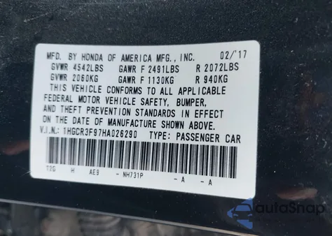 2017 Honda Accord Touring V6 из США, поврежденный, VIN 1HGCR3F97HA026290